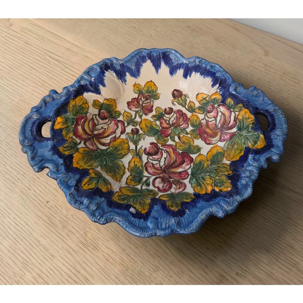 Majolica Ceramic Platter Made in Italy KB FootedSigned Prof AHIHELL 15.5" Long